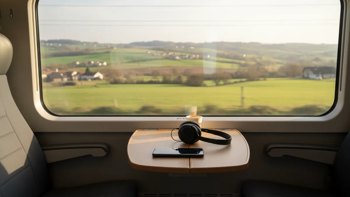 Window seat on a train crossing green countryside with a phone on the table