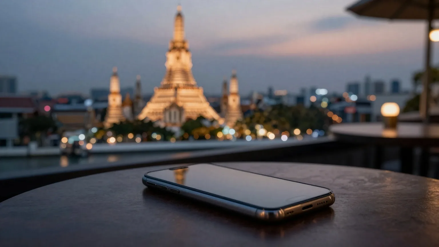A phone on a rooftop café table in Bangkok at dusk, with temple spires and city lights behind