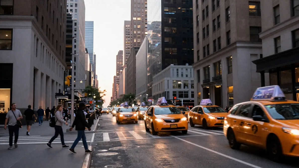 A New York City avenue at dusk with yellow taxis and pedestrians
