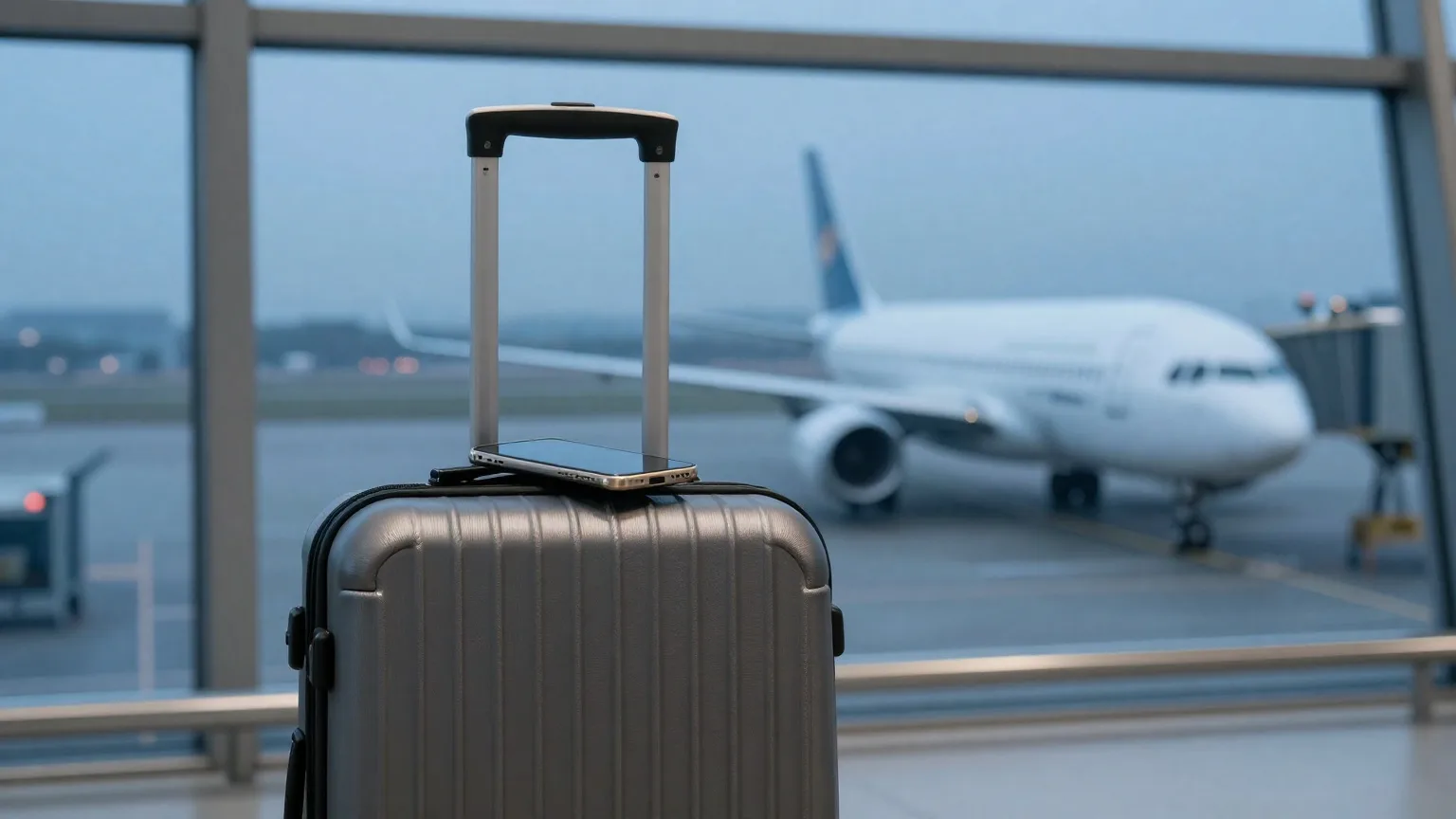 A carry-on suitcase with a phone on top beside an airport window, with a plane taxiing outside at dusk