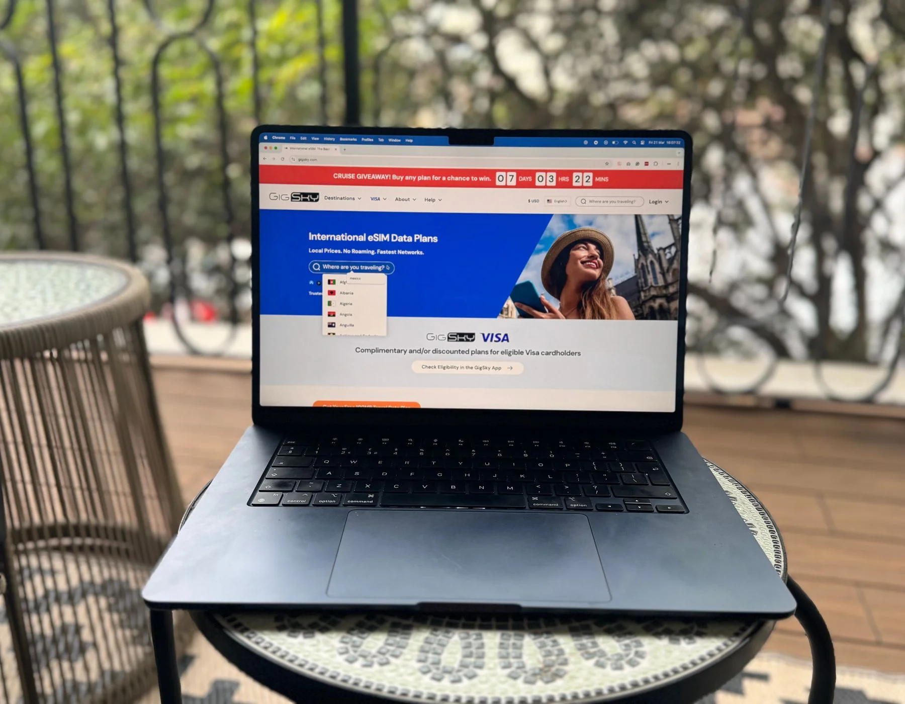 GigSky travel esim  website open on a Laptop with view